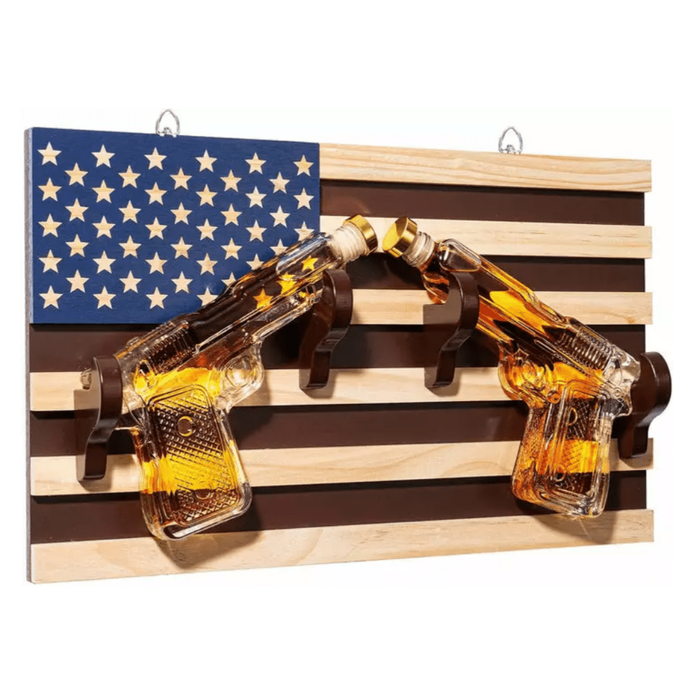 Unique Personalized Pistol Whiskey Decanter On American Flag Wall Rack Customized Gifts for Men by Groovy Guy