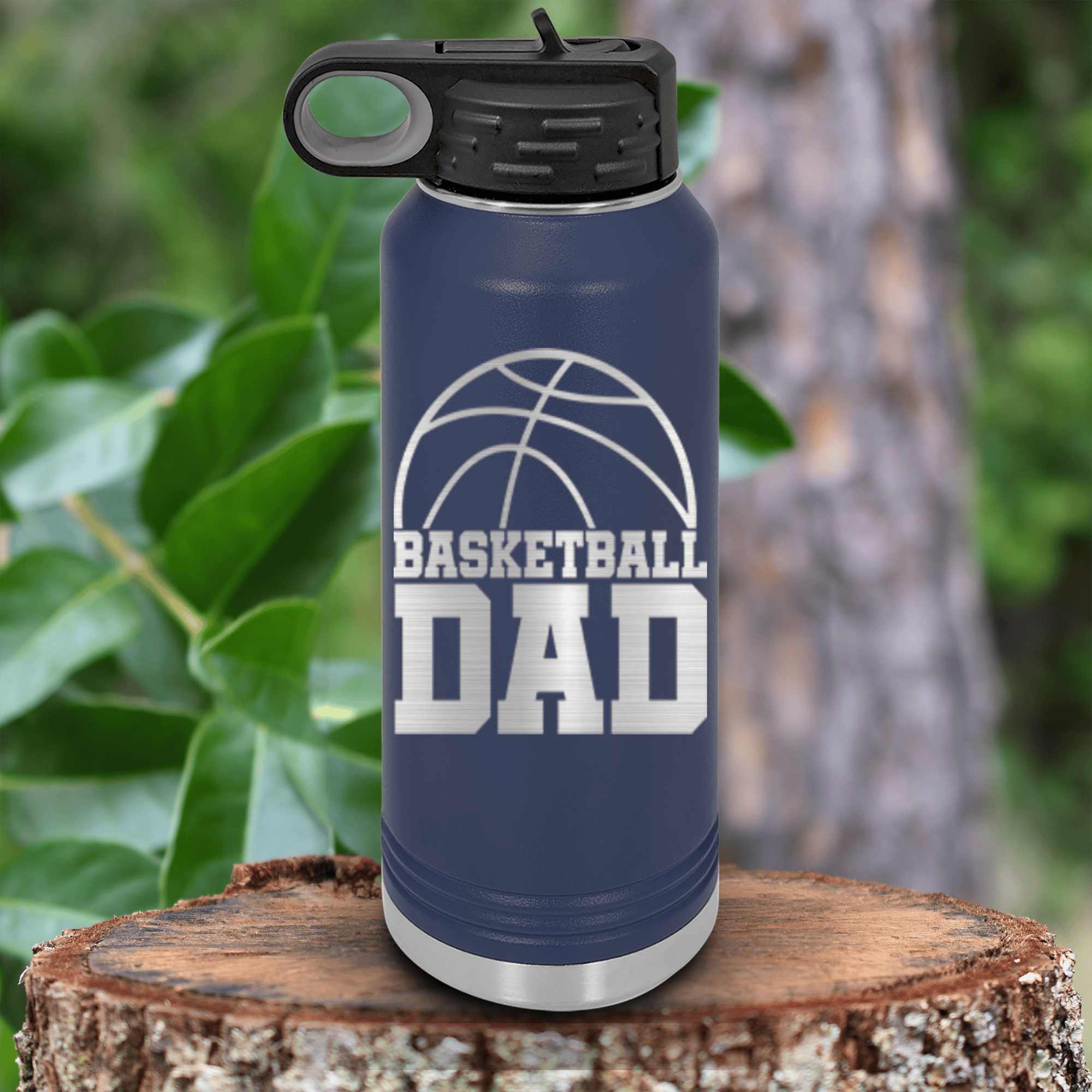 Navy Basketball Water Bottle With Basketball Father Figure Design