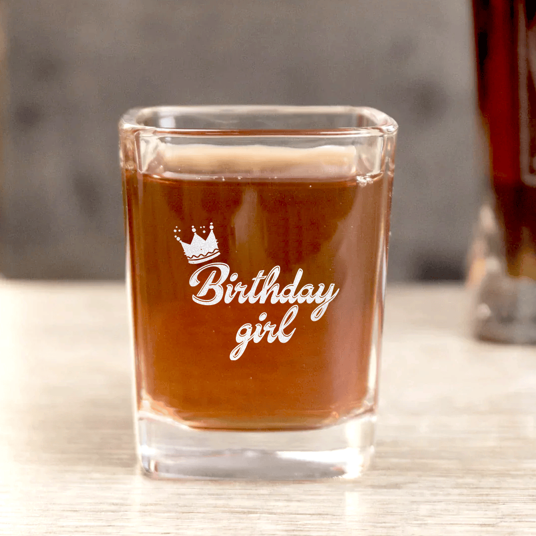 Unique Personalized Birthday Girl Square Shotglass Customized Birthday Flasks Gifts for Men by Groovy Guy