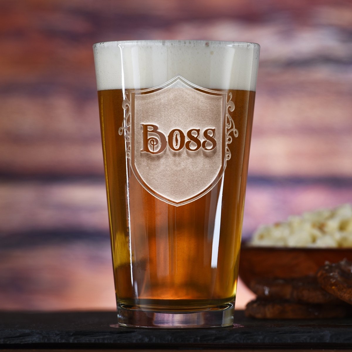 Big Boss personalized pint glass with sand-carved Boss design
