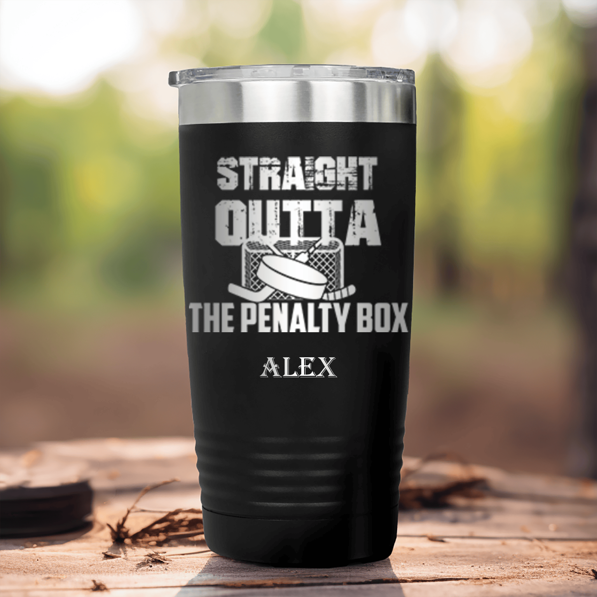 Black Hockey Tumbler With Break Free And Play Design