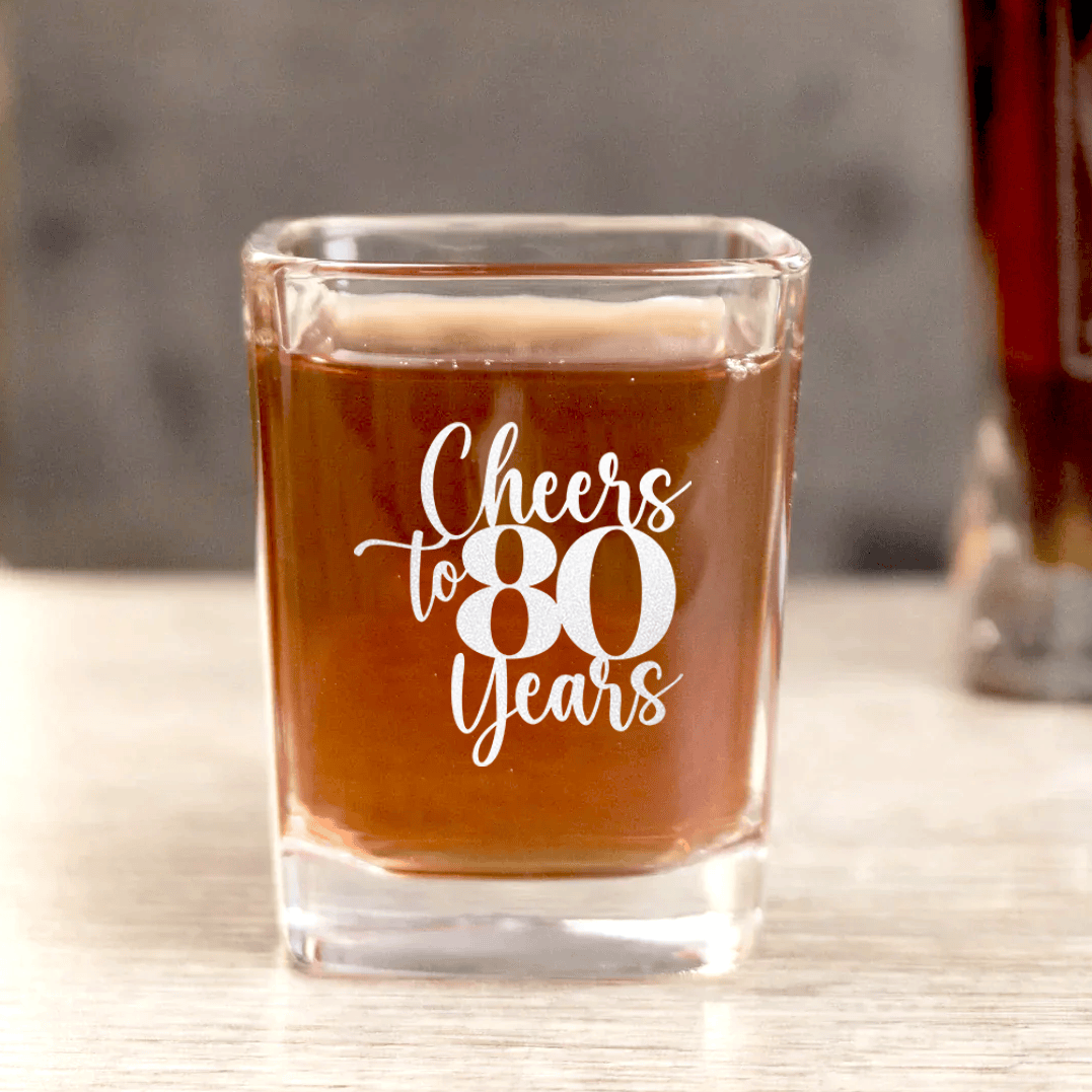 Unique Personalized Cheers To Eighty Years Square Shotglass Customized Birthday Flasks Gifts for Men by Groovy Guy