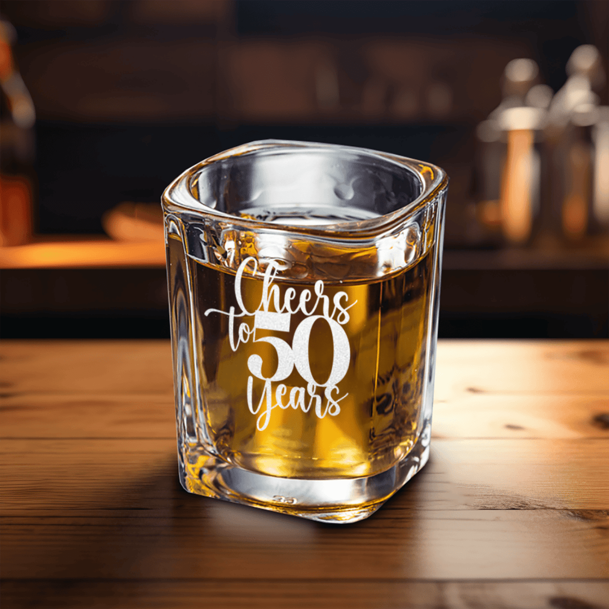 Unique Personalized Cheers To Fifty Years Square Shotglass Customized Birthday Flasks Gifts for Men by Groovy Guy