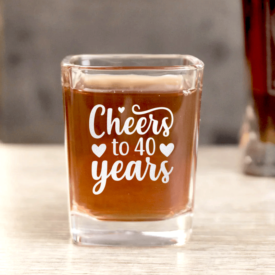 Unique Personalized Cheers To Fourty Square Shotglass Customized Birthday Flasks Gifts for Men by Groovy Guy