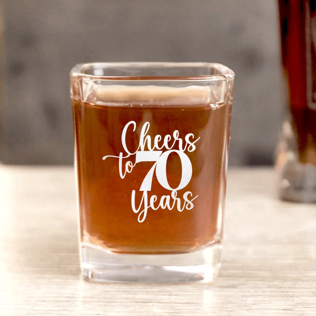 Unique Personalized Cheers To Seventy Years Square Shotglass Customized Birthday Flasks Gifts for Men by Groovy Guy