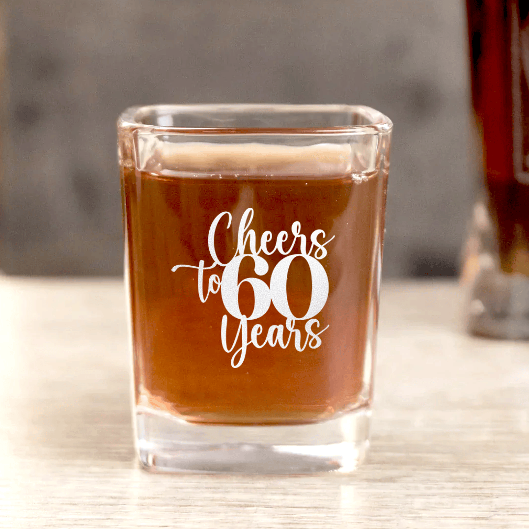 Unique Personalized Cheers To Sixty Years Square Shotglass Customized Birthday Flasks Gifts for Men by Groovy Guy