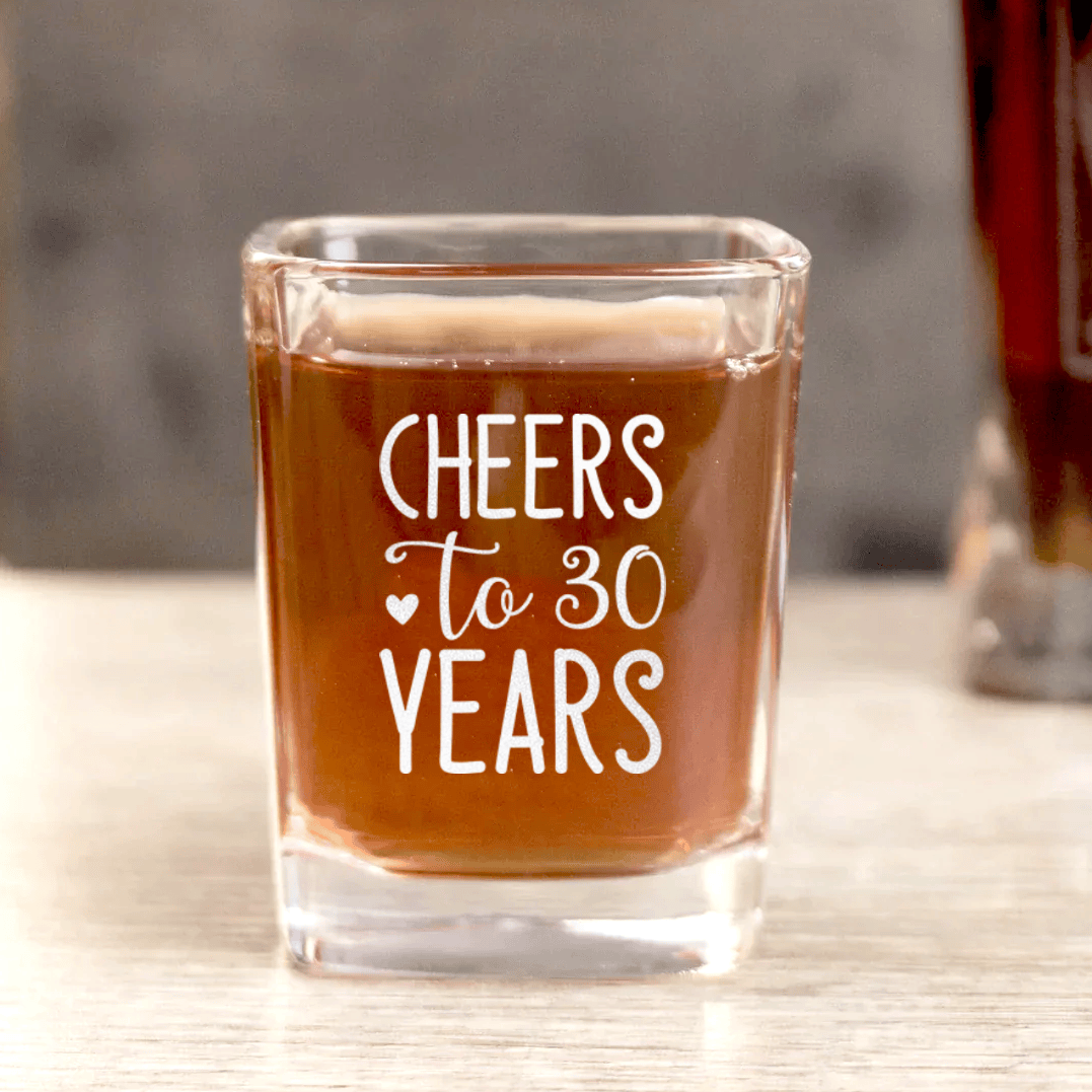 Unique Personalized Cheers To Thirty Square Shotglass Customized Birthday Flasks Gifts for Men by Groovy Guy