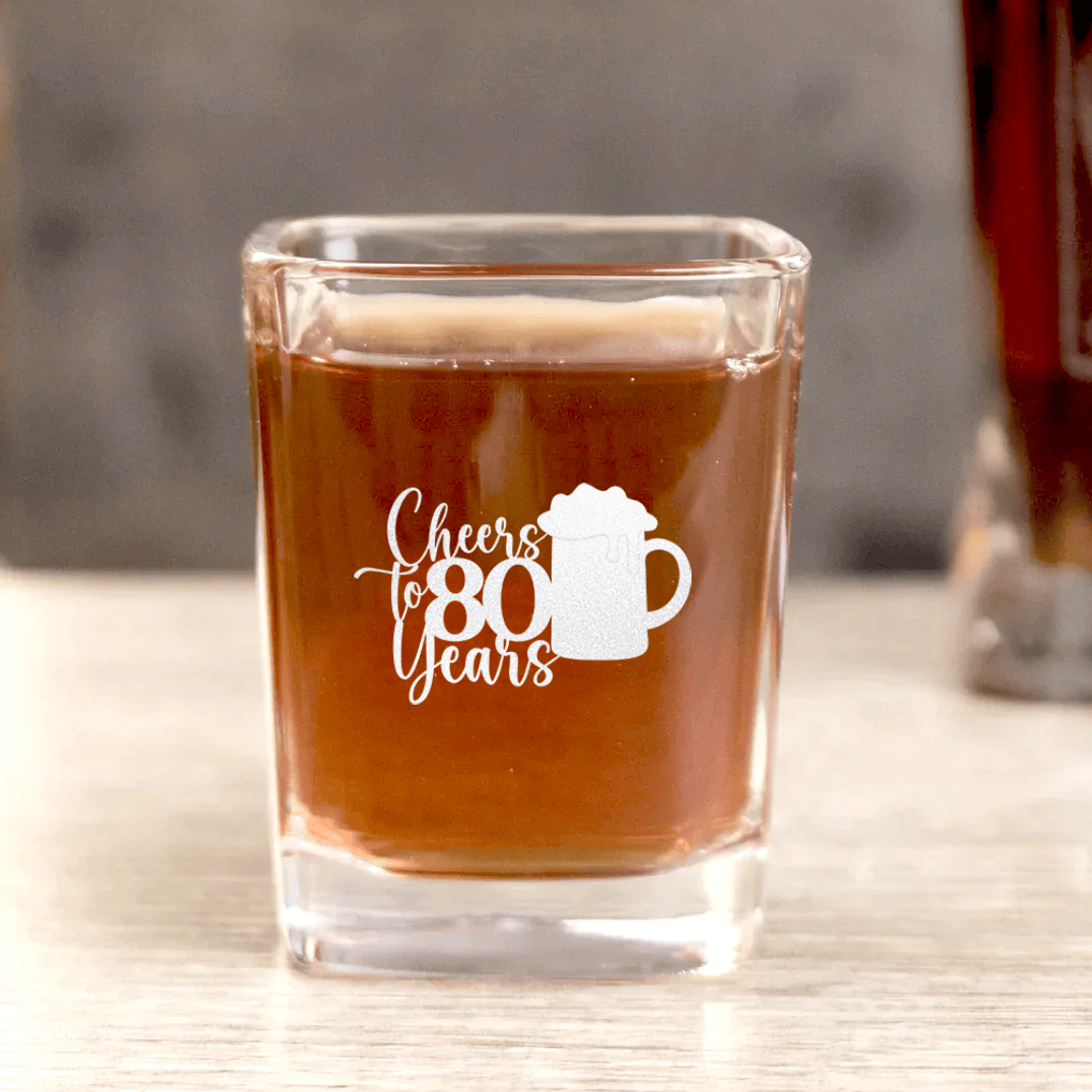 Unique Personalized Cheers to 80 Years Beer Square Shotglass Customized Birthday Flasks Gifts for Men by Groovy Guy