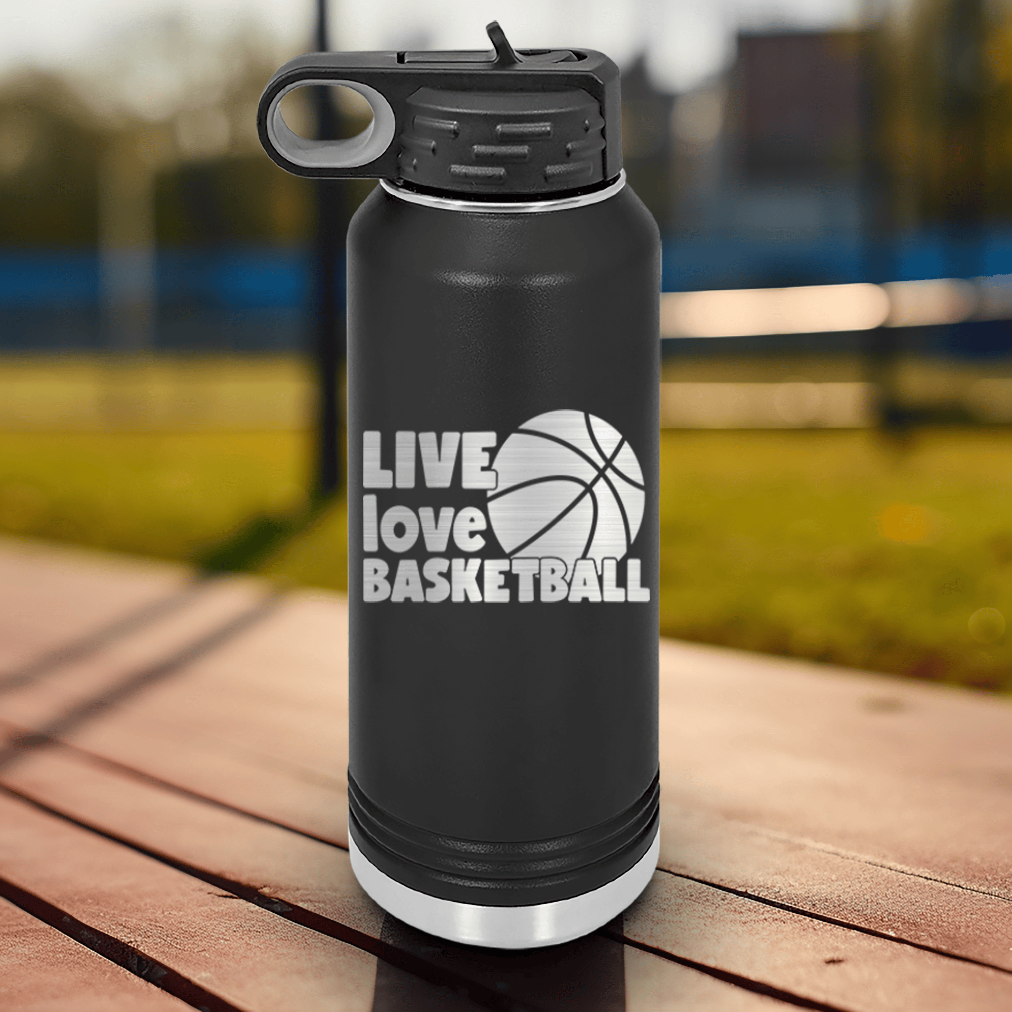 Black Basketball Water Bottle With Court Love Affair Design