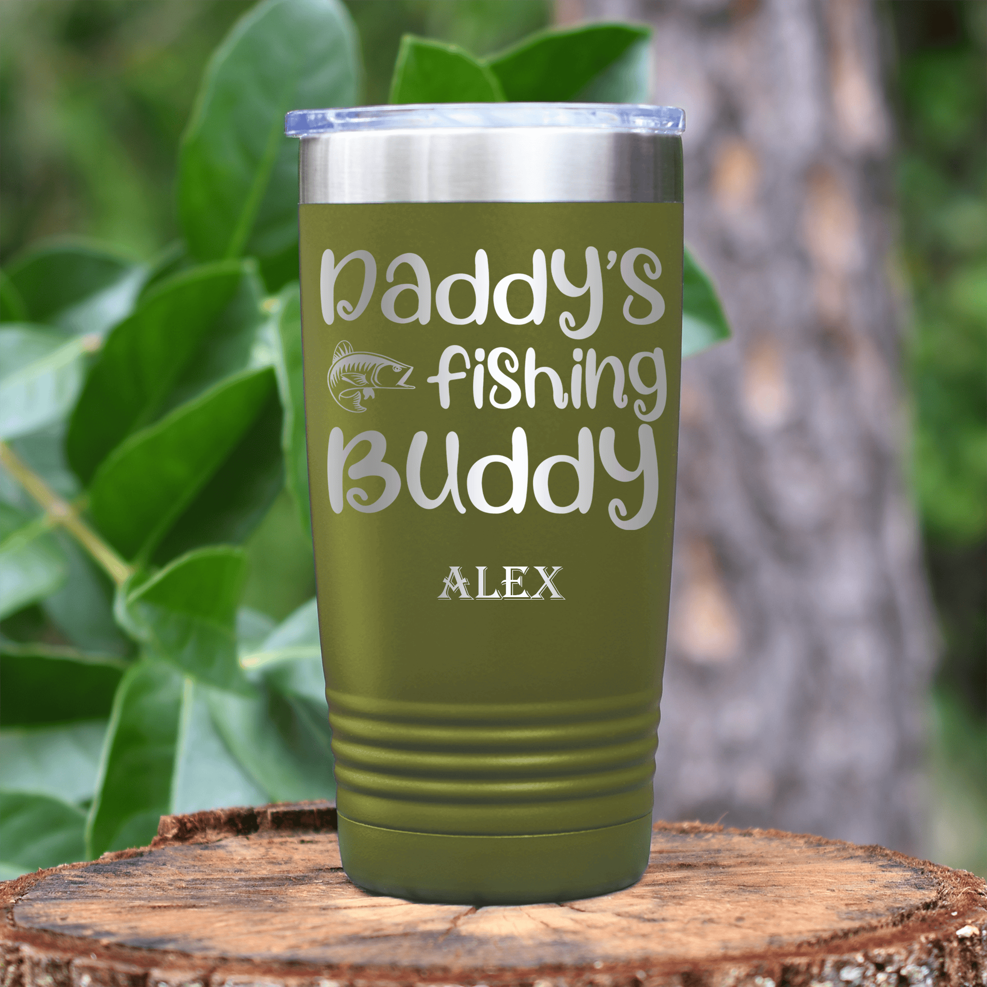 Military Green Fishing Tumbler With Daddys Fishing Buddy Design