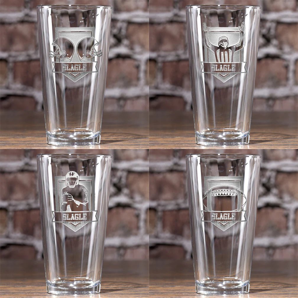 Unique Personalized Football Fan Gift Pint Glass Set | 16 oz Four Pint Beer Glass Set Customized pint glass Gifts for Men by Groovy Guy