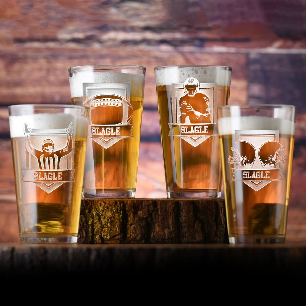 Unique Personalized Football Fan Gift Pint Glass Set | 16 oz Four Pint Beer Glass Set Customized pint glass Gifts for Men by Groovy Guy