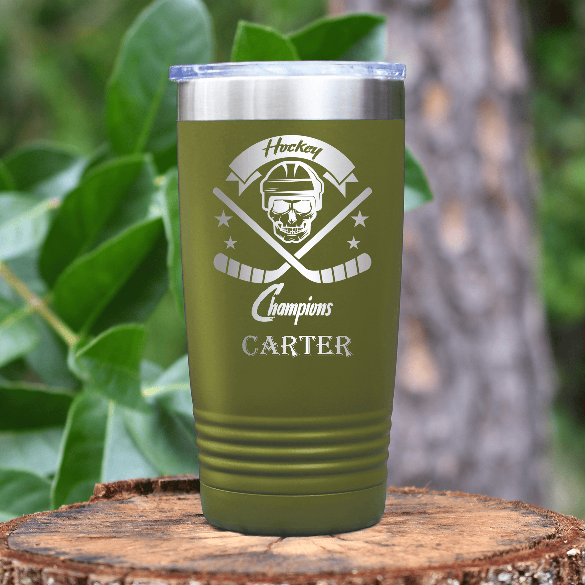 Military Green Hockey Tumbler With Glory On Ice Design