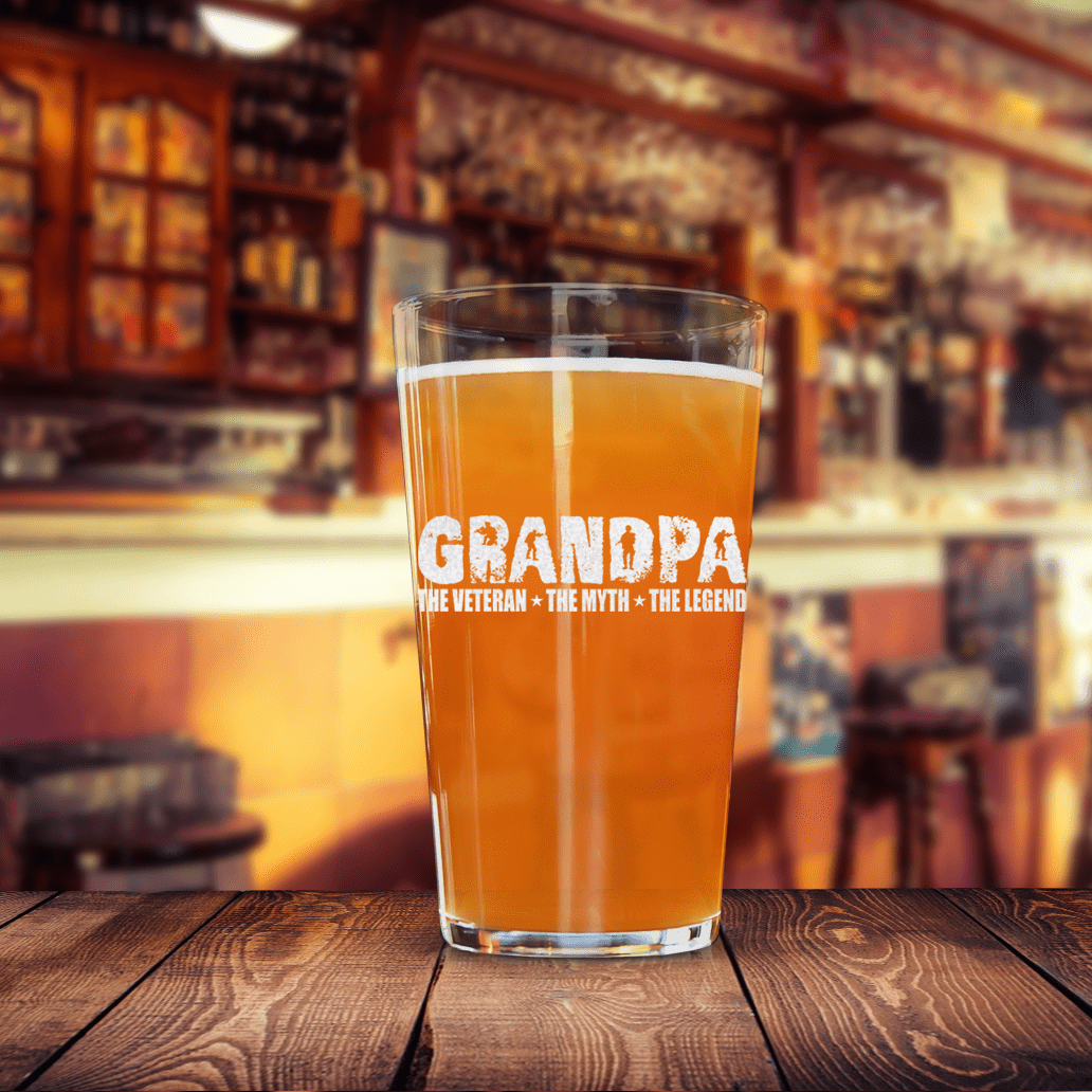 Unique Personalized Grandpa Vet Myth Legend Pint Glass Customized Military Retirement Pint Glasses Gifts for Men by Groovy Guy