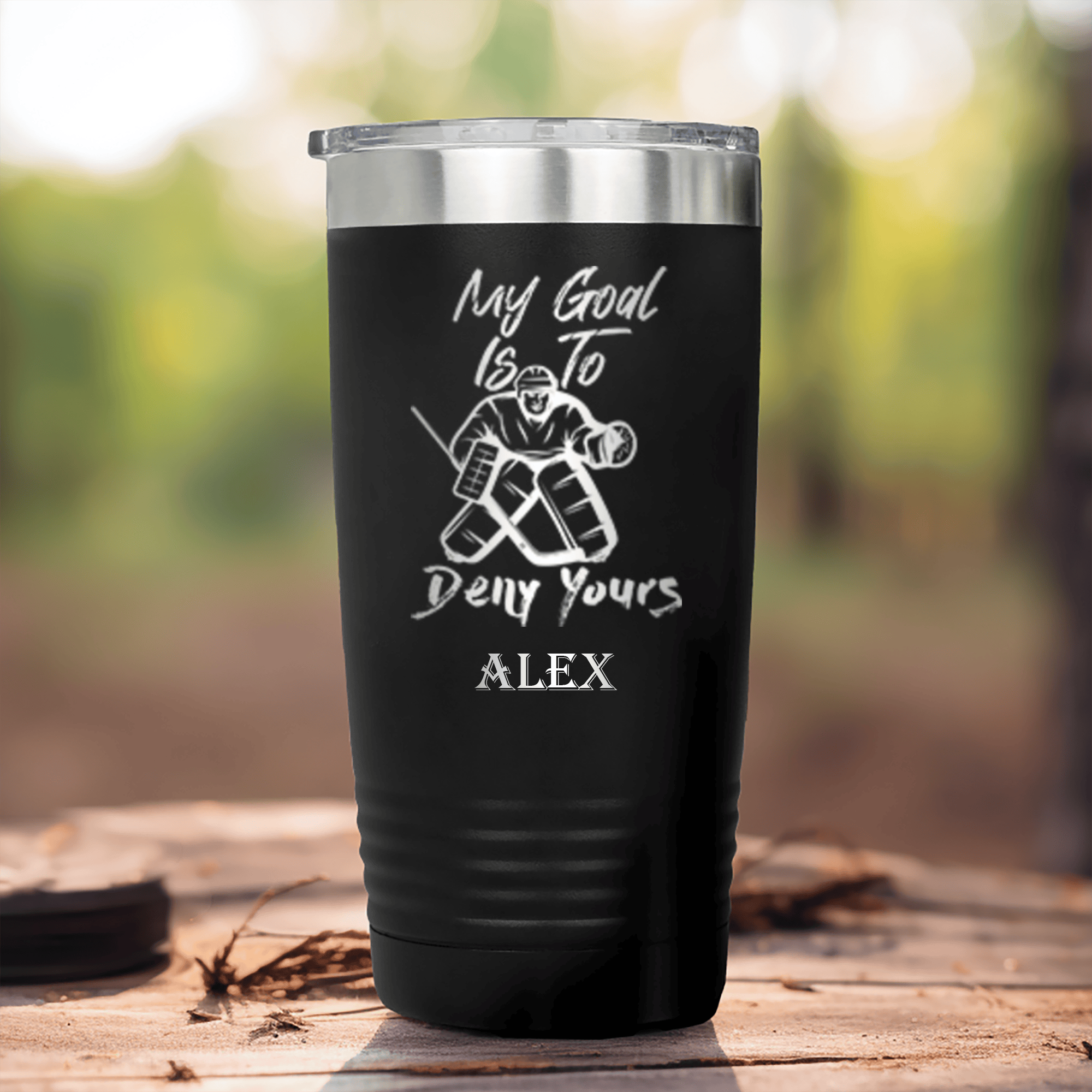 Black Hockey Tumbler With Guarding The Net Foals Design