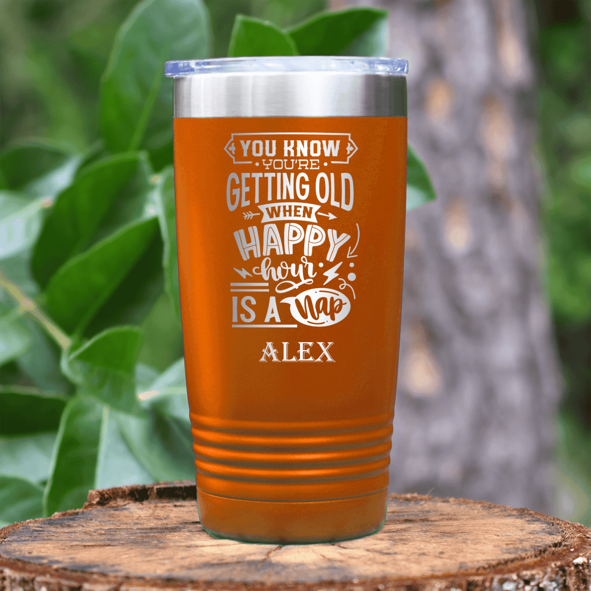 Orange Funny Old Man Tumbler With Happy Hour Nap Time Design
