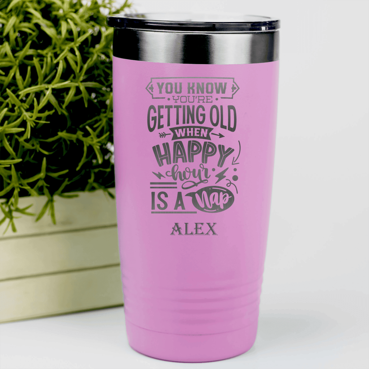 Pink Funny Old Man Tumbler With Happy Hour Nap Time Design