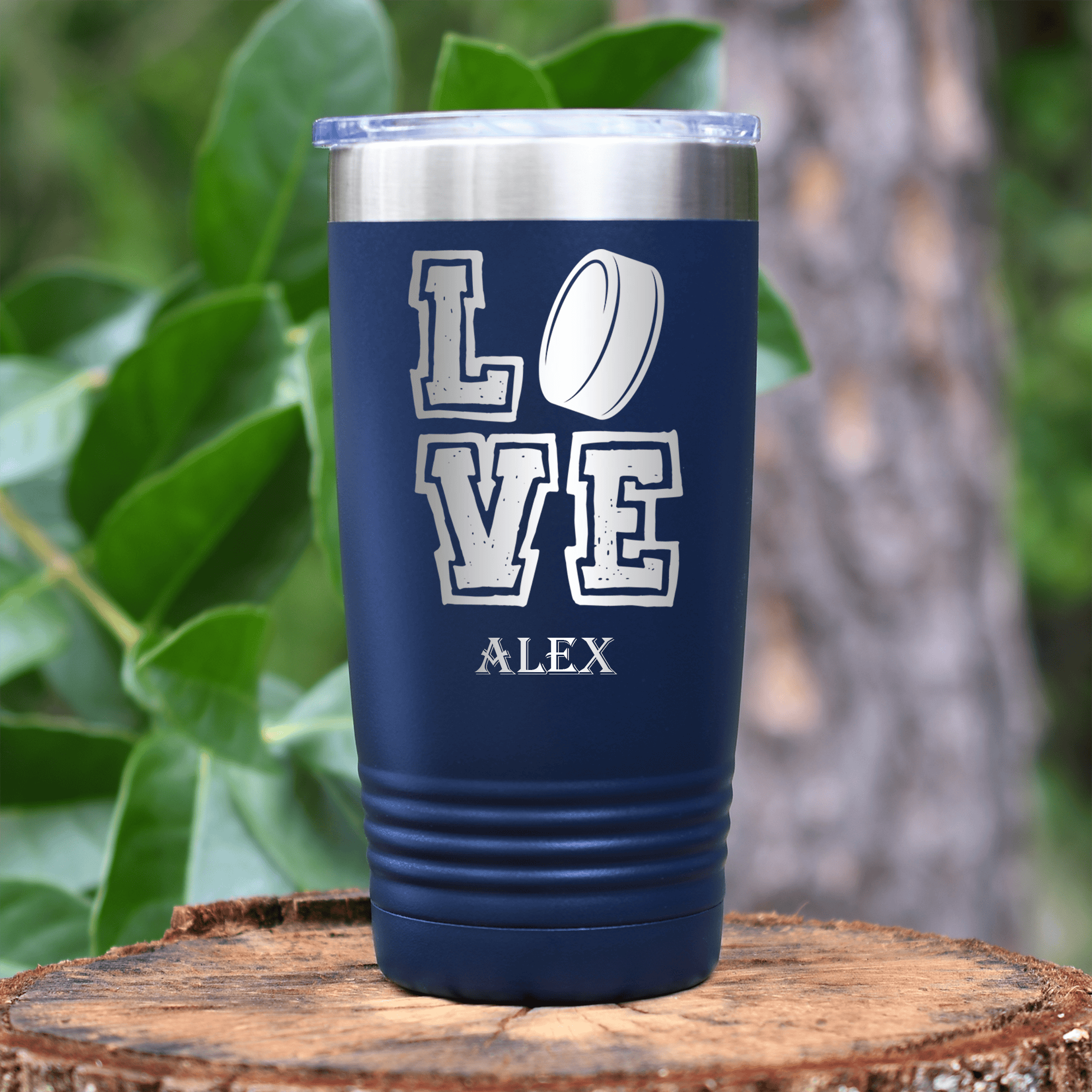 Navy Hockey Tumbler With Heartbeats And Hat Tricks Design