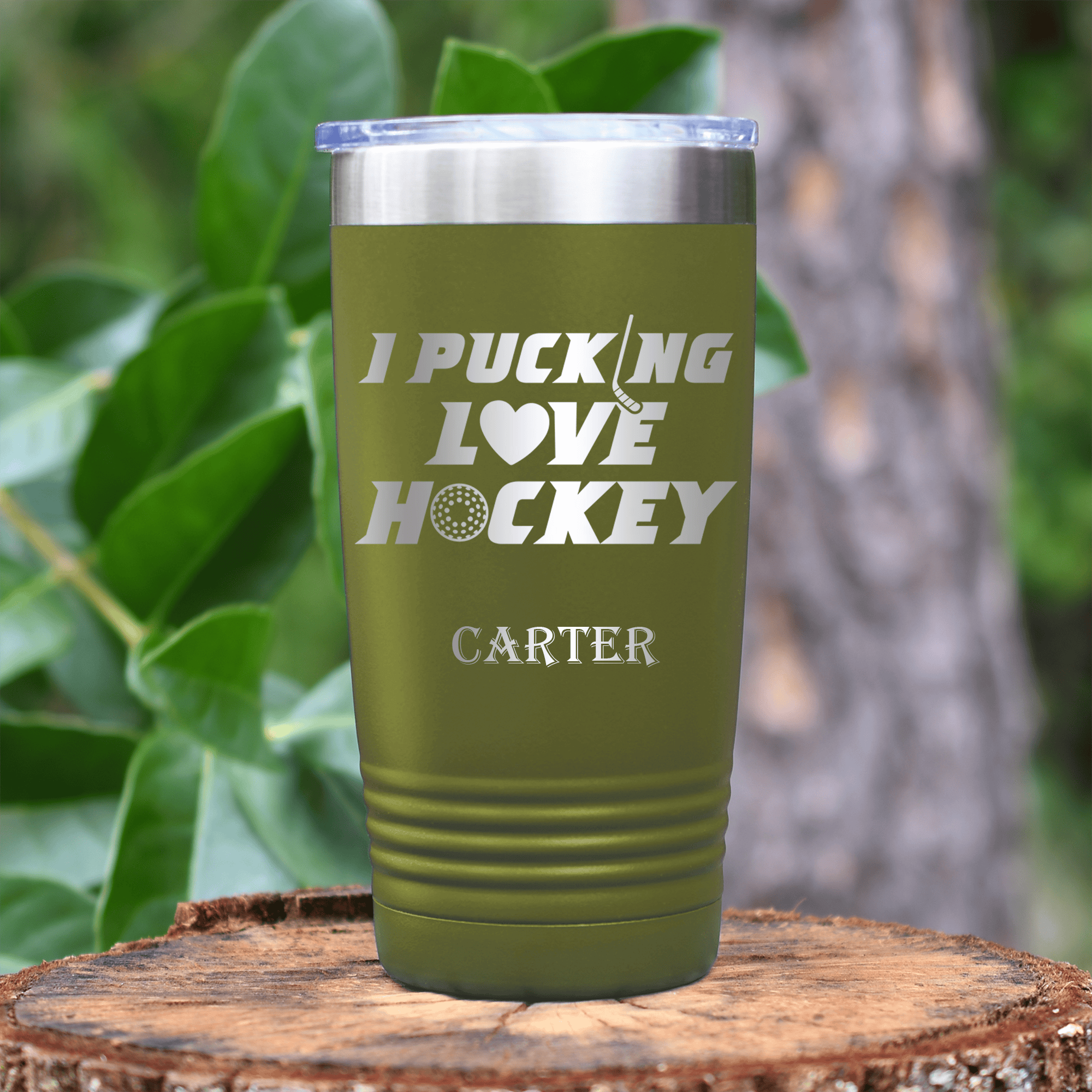 Military Green Hockey Tumbler With Hearts And Hat Tricks Design