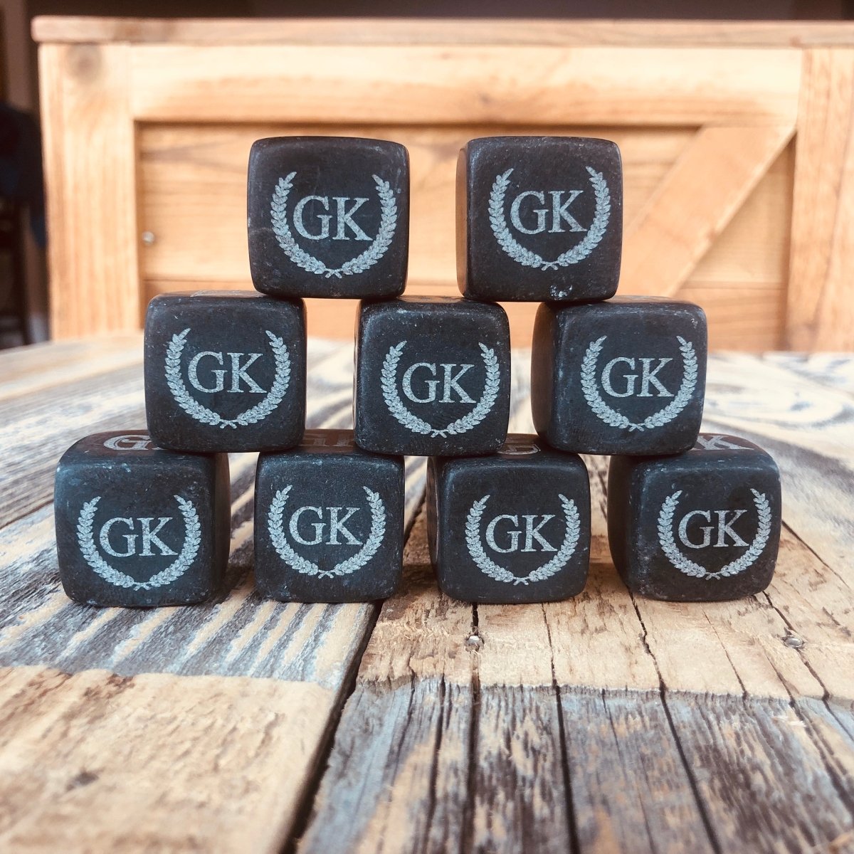 Personalized whiskey stones set with engraved initials