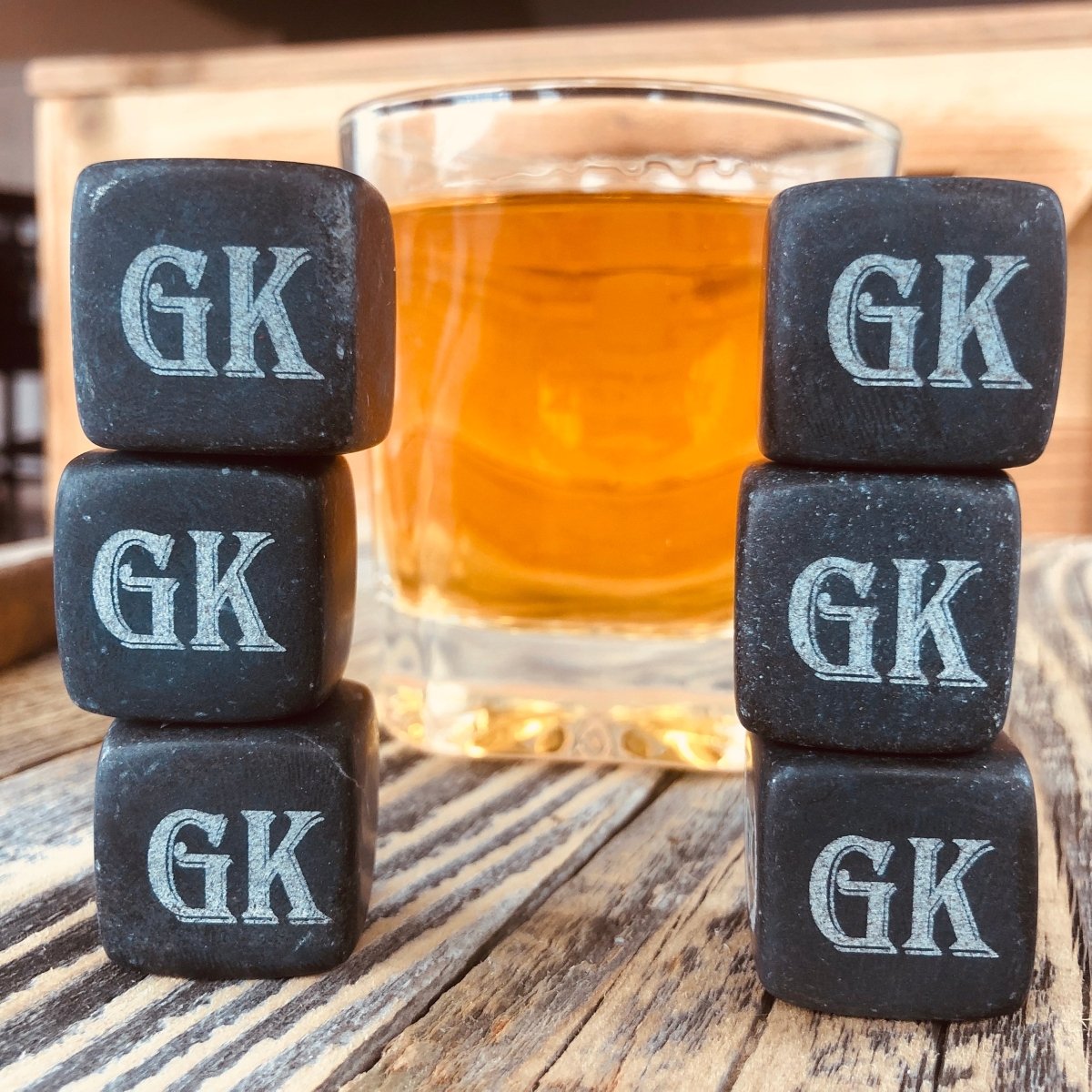 Personalized whiskey stones set with engraved initials