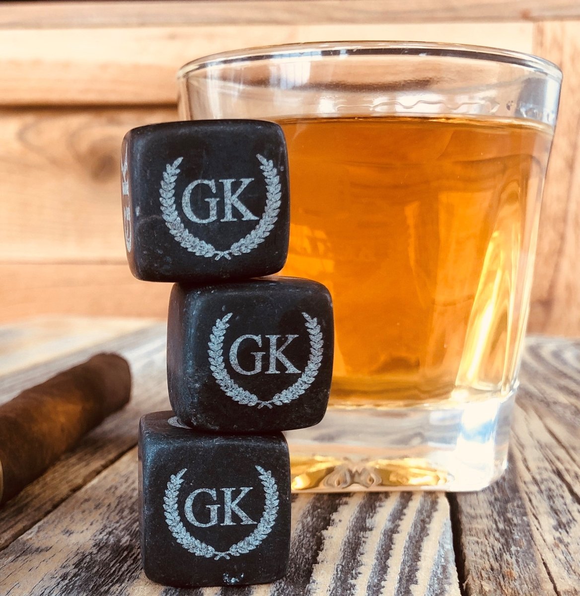 Personalized whiskey stones set with engraved initials