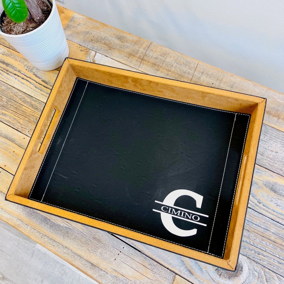 Unique Personalized Black Leather Serving Tray Customized Gifts for Men by Groovy Guy