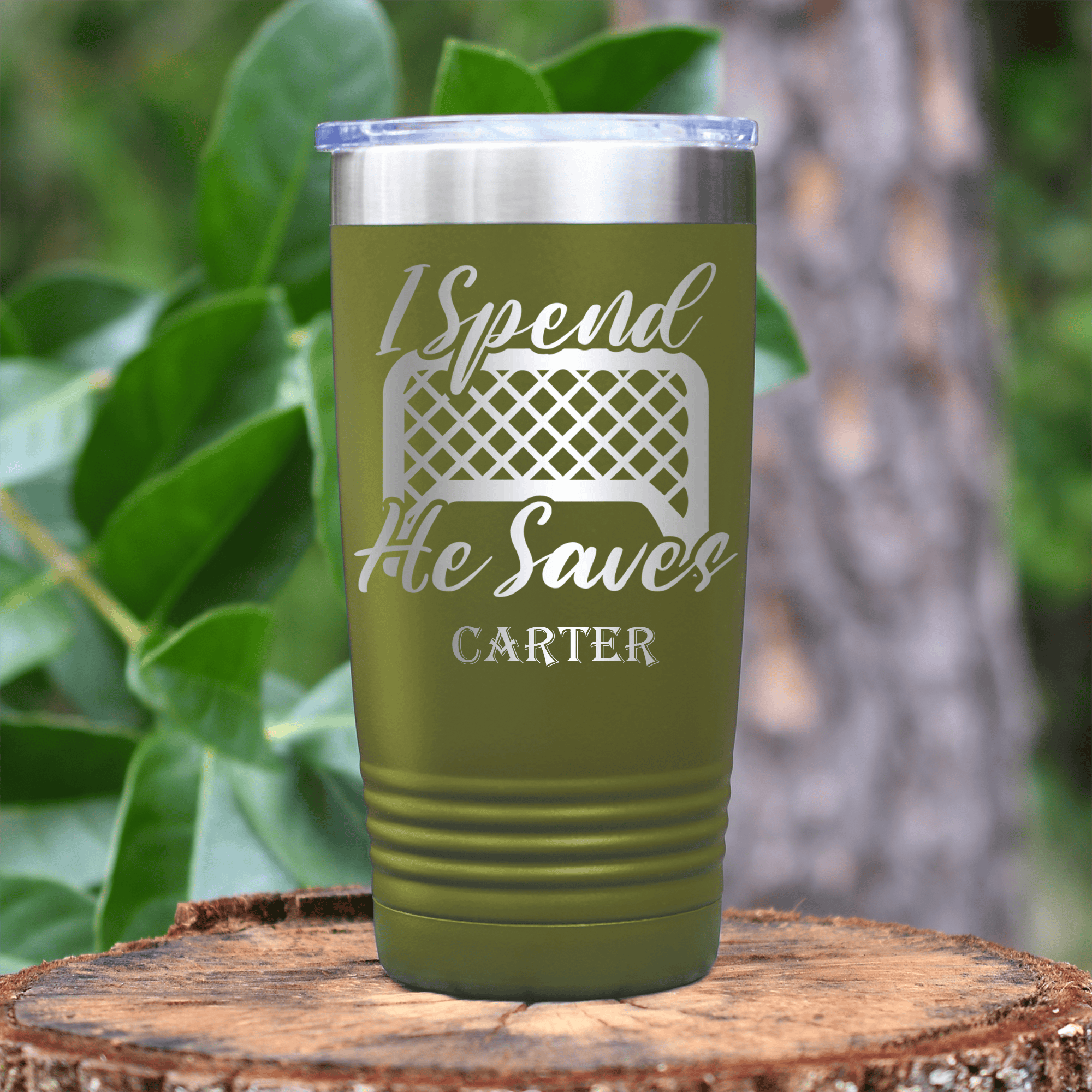 Military Green Hockey Tumbler With I Shop He Stops Design