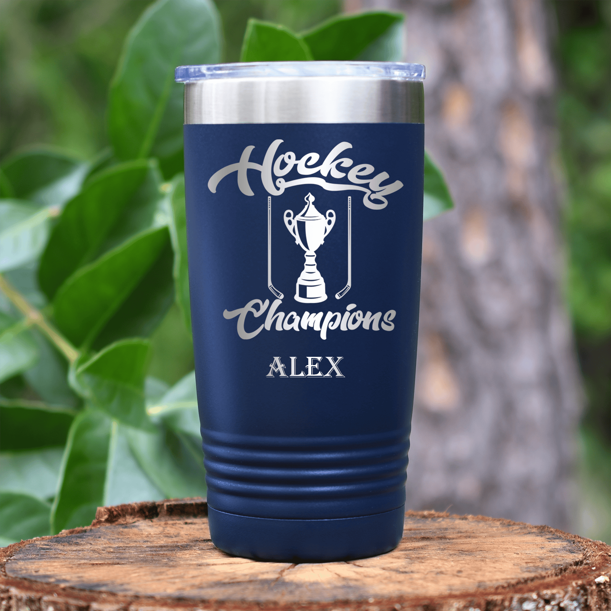 Navy Hockey Tumbler With Icy Crowns And Trophies Design