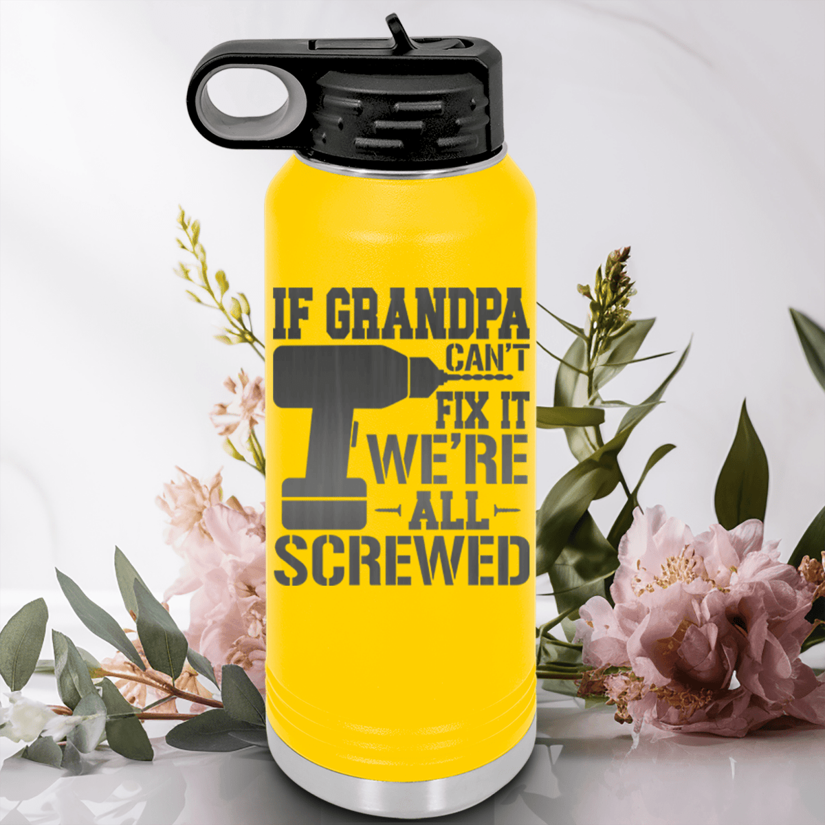 Yellow Fathers Day Water Bottle With If Grandpa Cant Fix It Design