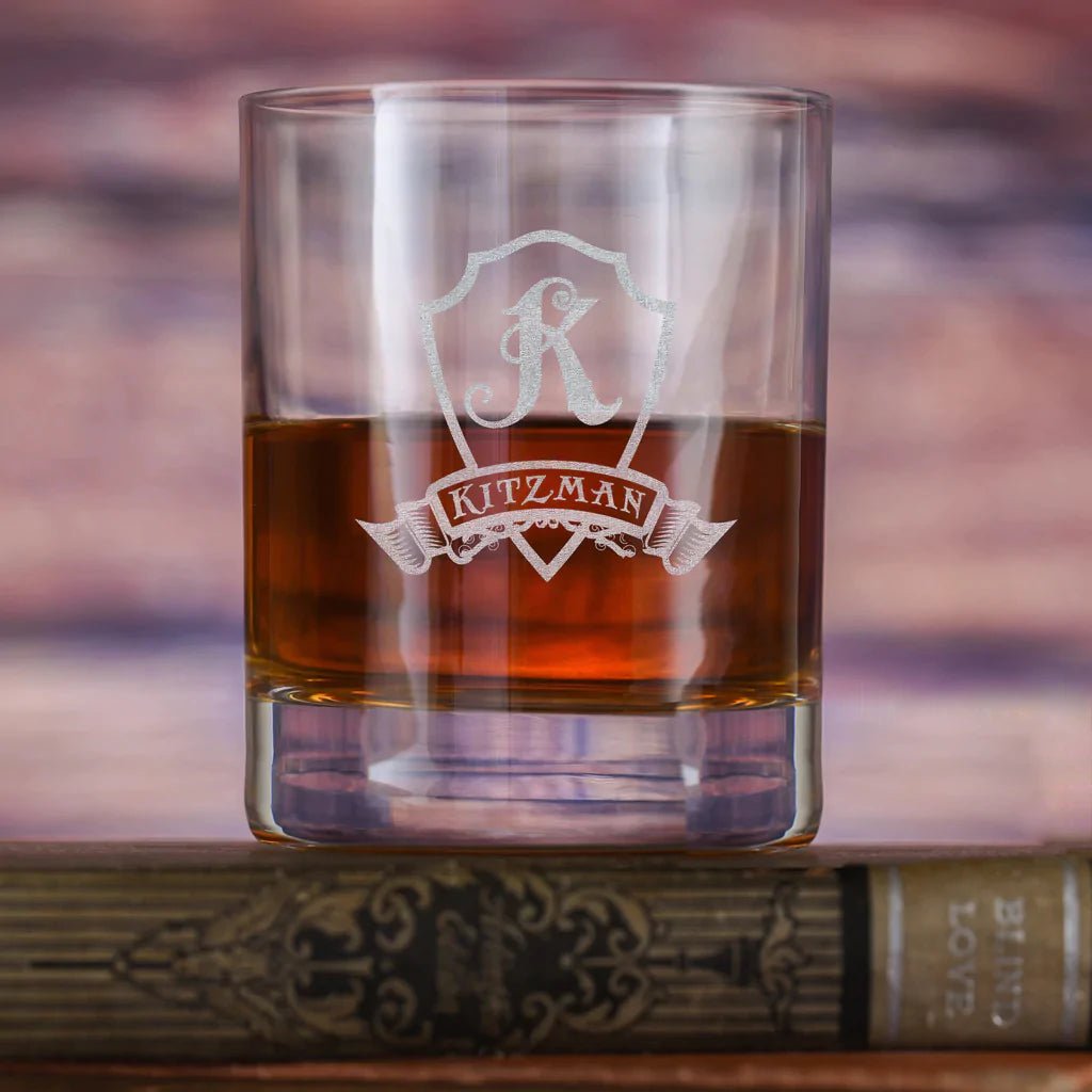 Banner Crest personalized Stolzle whiskey rocks glass with sand-carved shield and banner