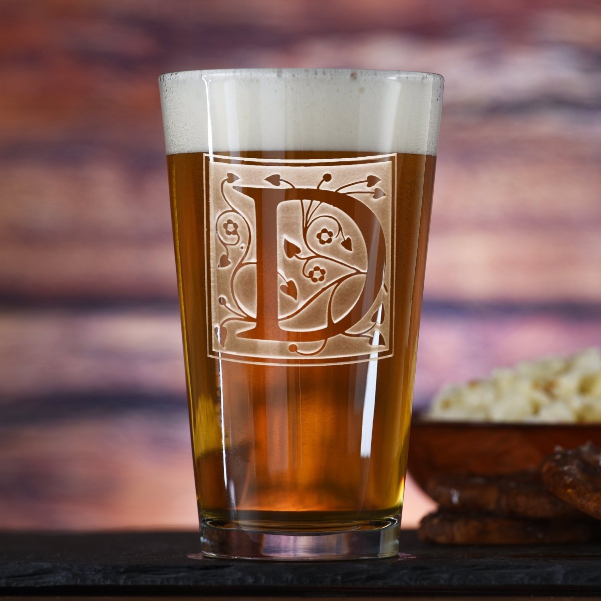 Insignia personalized initial pint glass with sand-carved insignia monogram