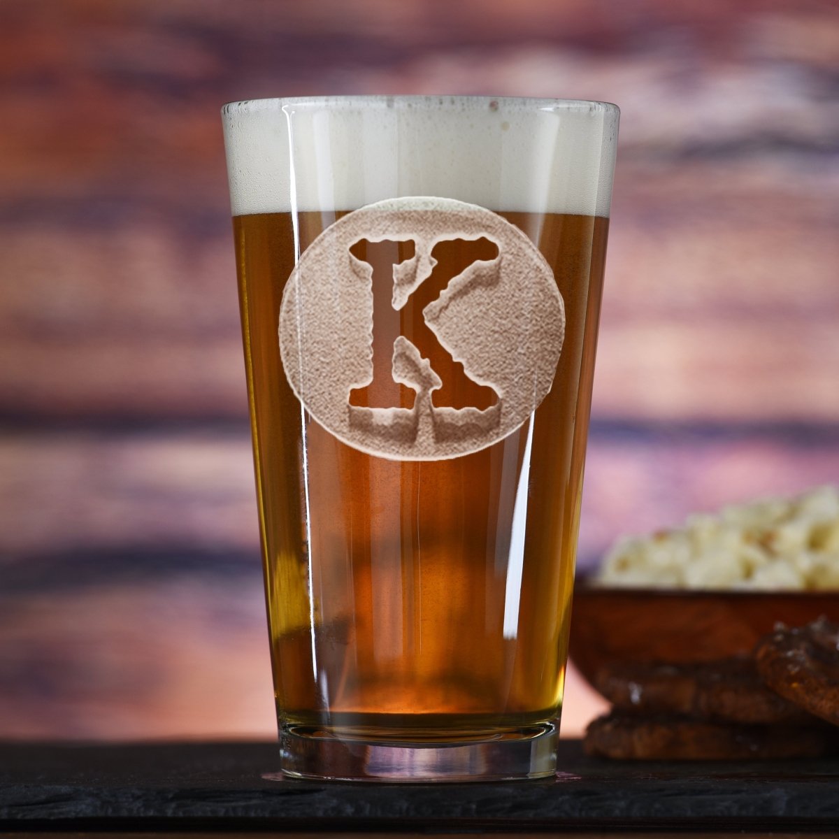 Initial Circle personalized pint glass with sand-carved single initial monogram