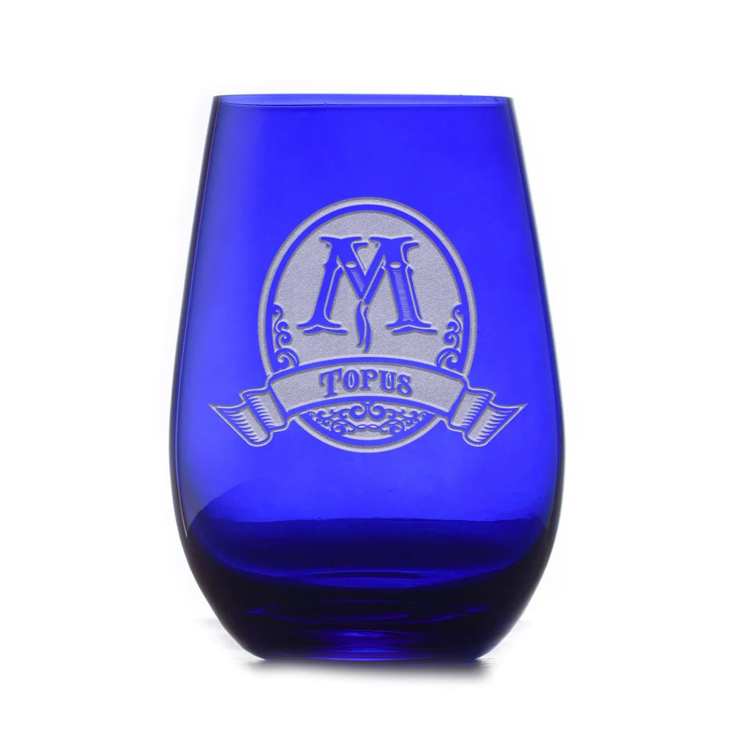 Unique Personalized Blue Stemless Wine Glass Customized Drinkware Gifts for Men by Groovy Guy