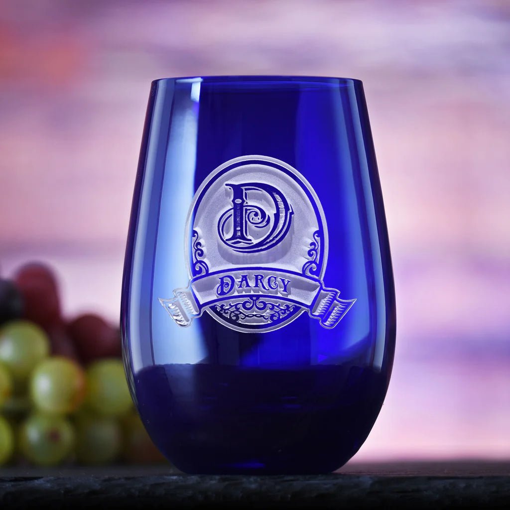 Unique Personalized Blue Stemless Wine Glass Customized Drinkware Gifts for Men by Groovy Guy