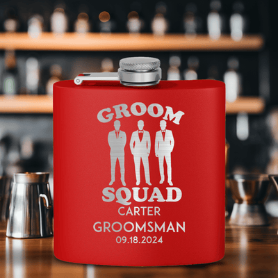 Red Groomsman Flask With Men In Black Design