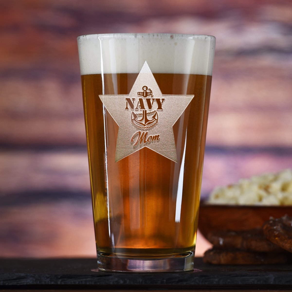 Sailor Mom Navy personalized pint glass with sand-carved Navy emblem and sailor's name