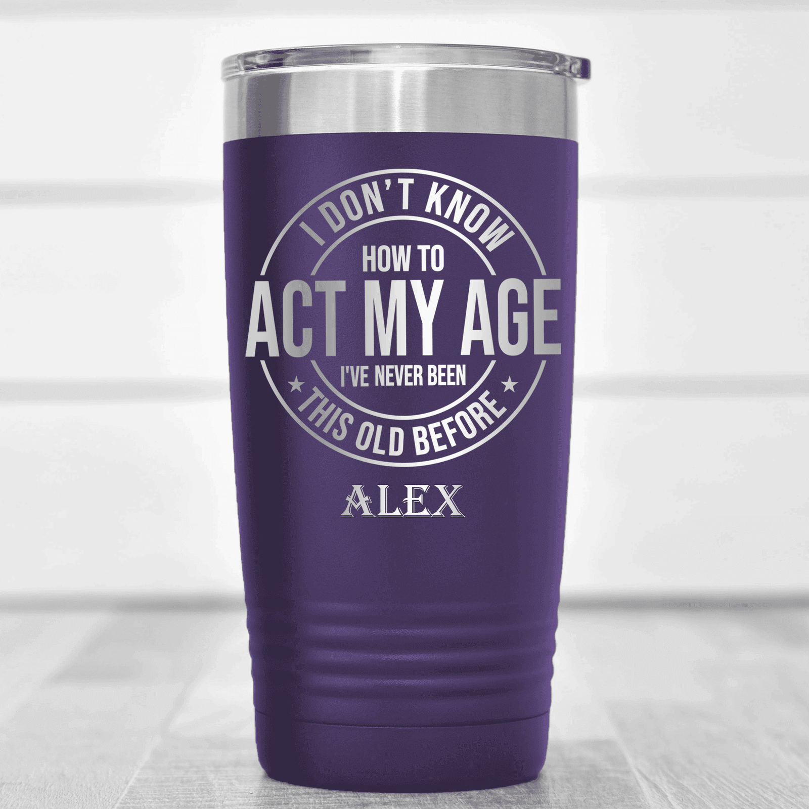 Purple Funny Old Man Tumbler With Not Acting My Age Design