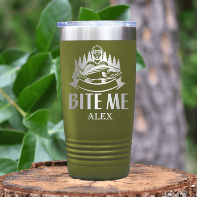 Military Green Fishing Tumbler With Oh Bite Me Design