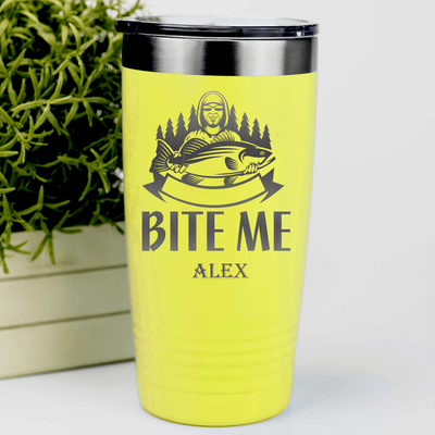 Yellow Fishing Tumbler With Oh Bite Me Design