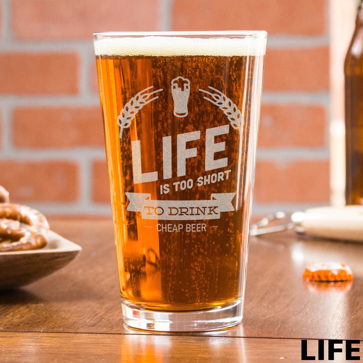 Unique Personalized Life Is Short Pint - Design: LIFE Customized Drinking Glass Gifts for Men by Groovy Guy