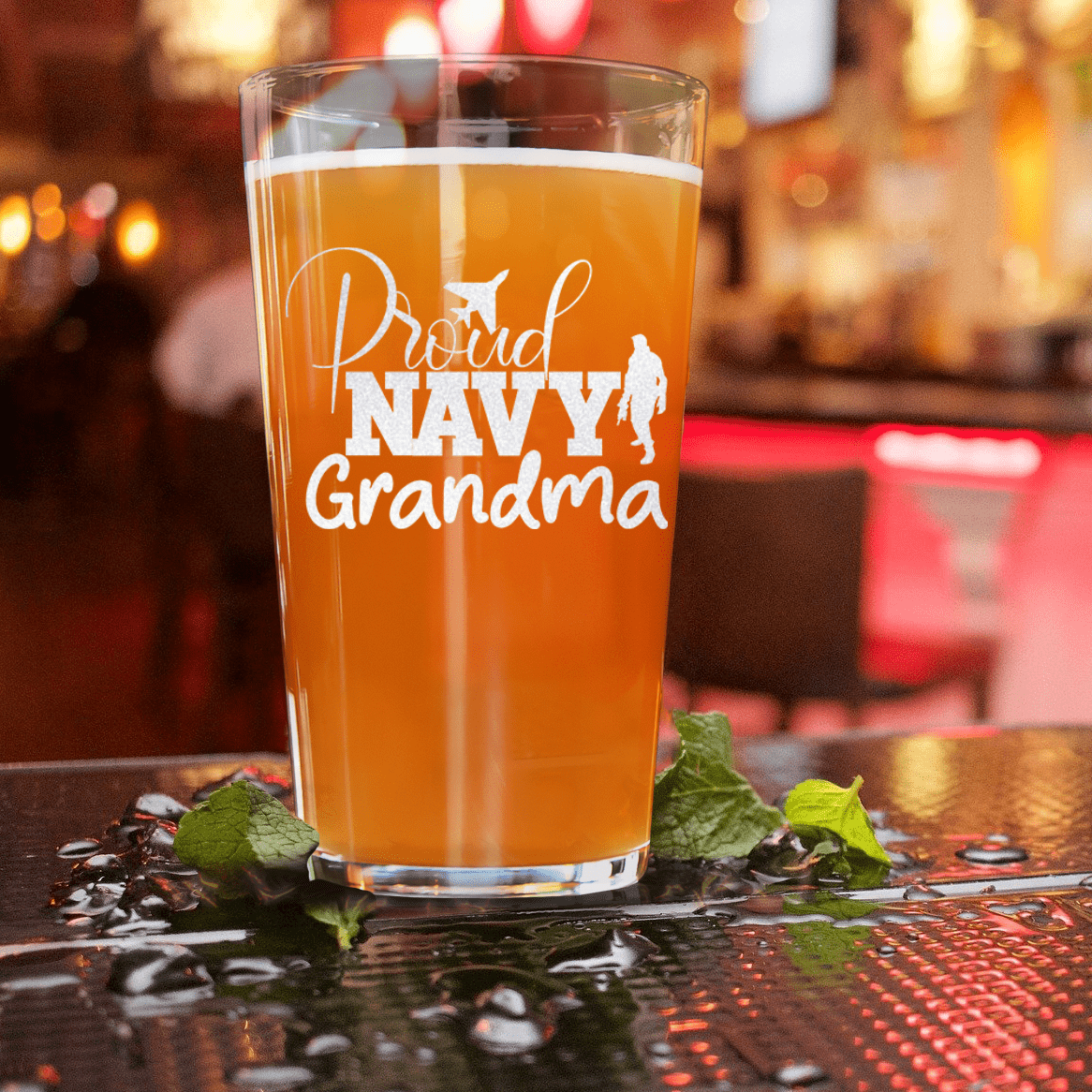 Unique Personalized Proud Navy Grandma Pint Glass Customized Military Retirement Pint Glasses Gifts for Men by Groovy Guy