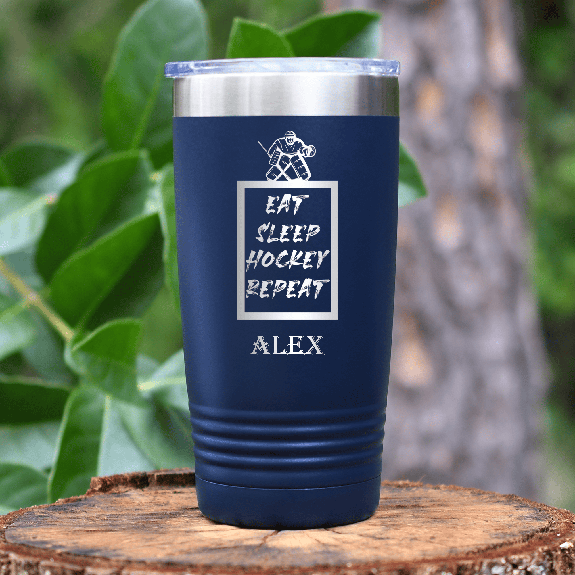 Navy Hockey Tumbler With Puck Dreams And Repeat Design