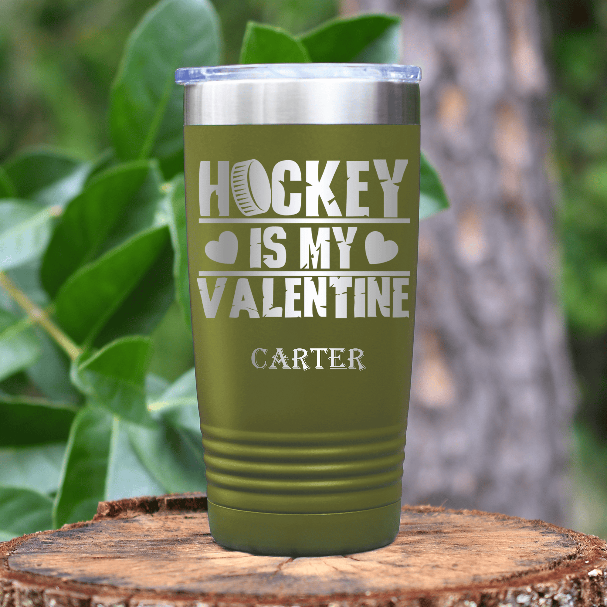 Military Green Hockey Tumbler With Puck Over Roses Design
