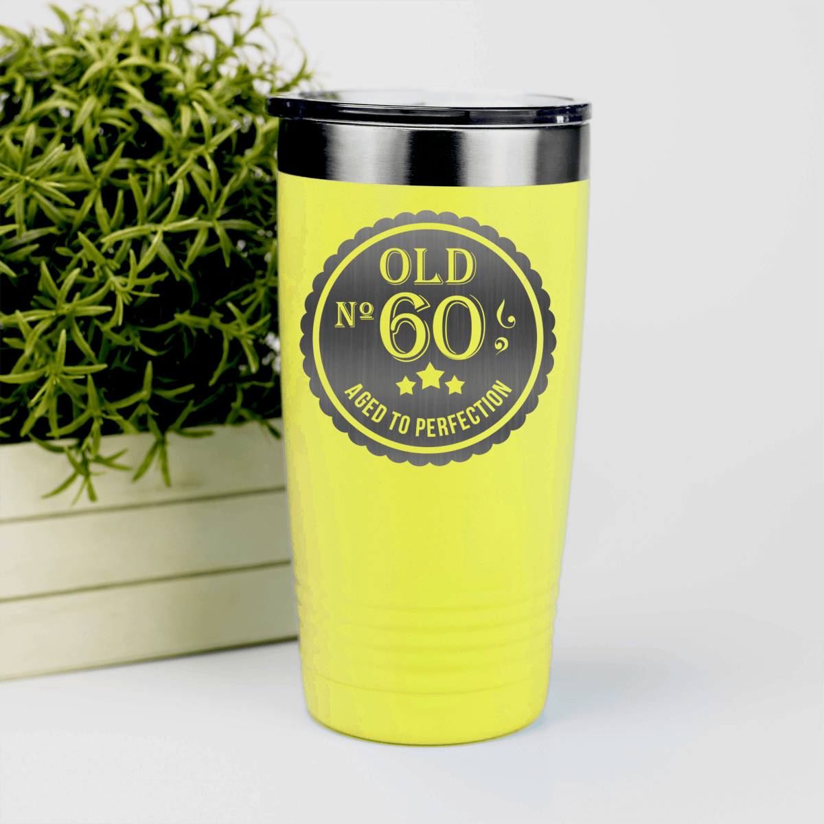 Yellow Birthday Tumbler With Sixty Aged To Perfection Design