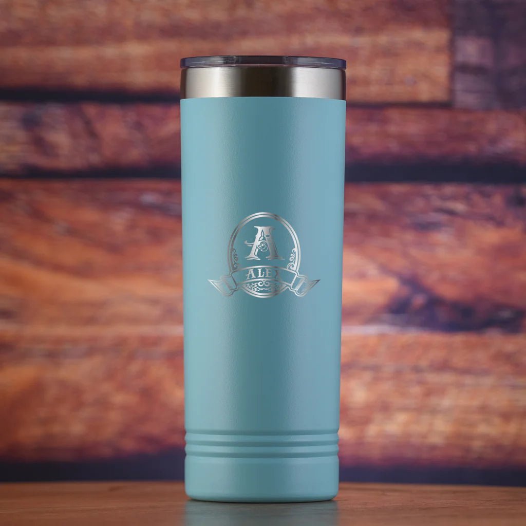 Daily Grind personalized coffee travel tumbler with engraved initial and name as a gift idea