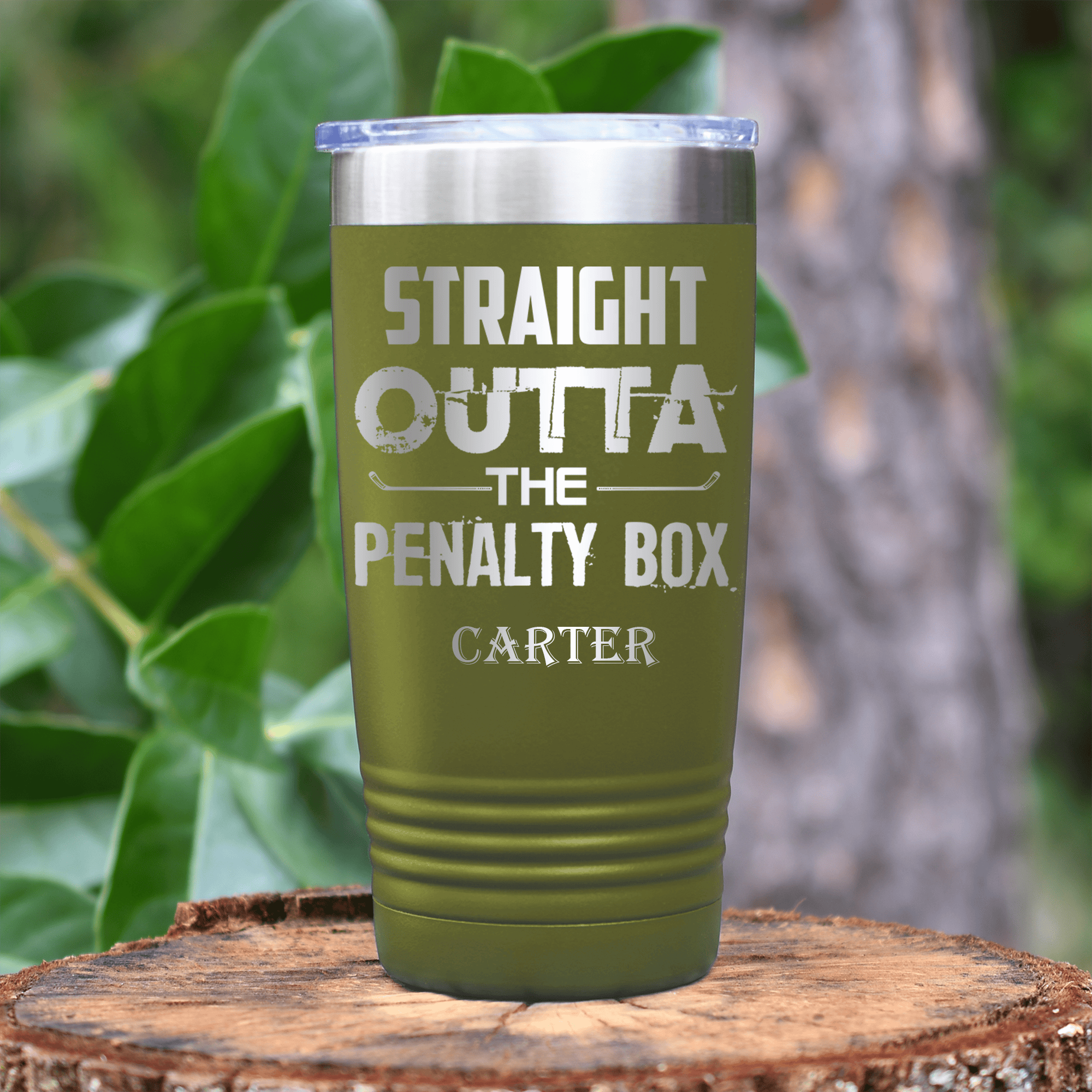 Military Green Hockey Tumbler With Straight Out The Penalty Box Design