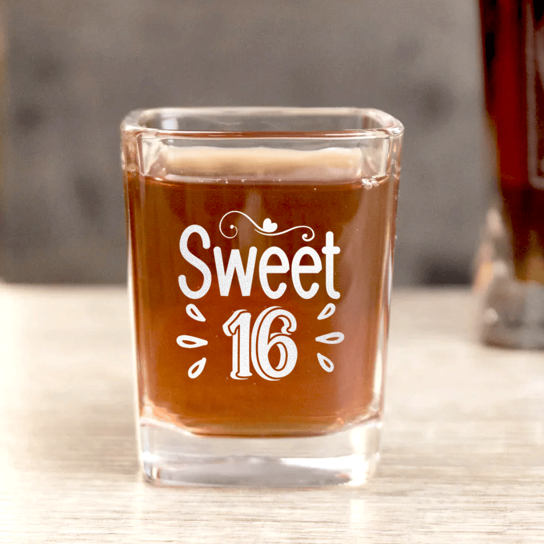 Unique Personalized Sweet Sixteen Square Shotglass Customized Birthday Flasks Gifts for Men by Groovy Guy