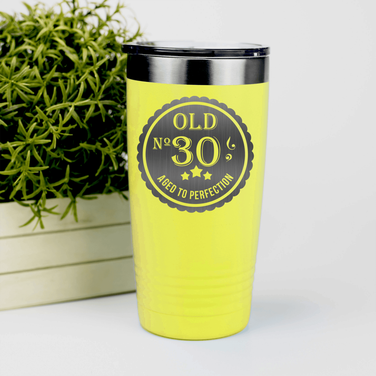 Yellow Birthday Tumbler With Thirty Aged To Perfection Design