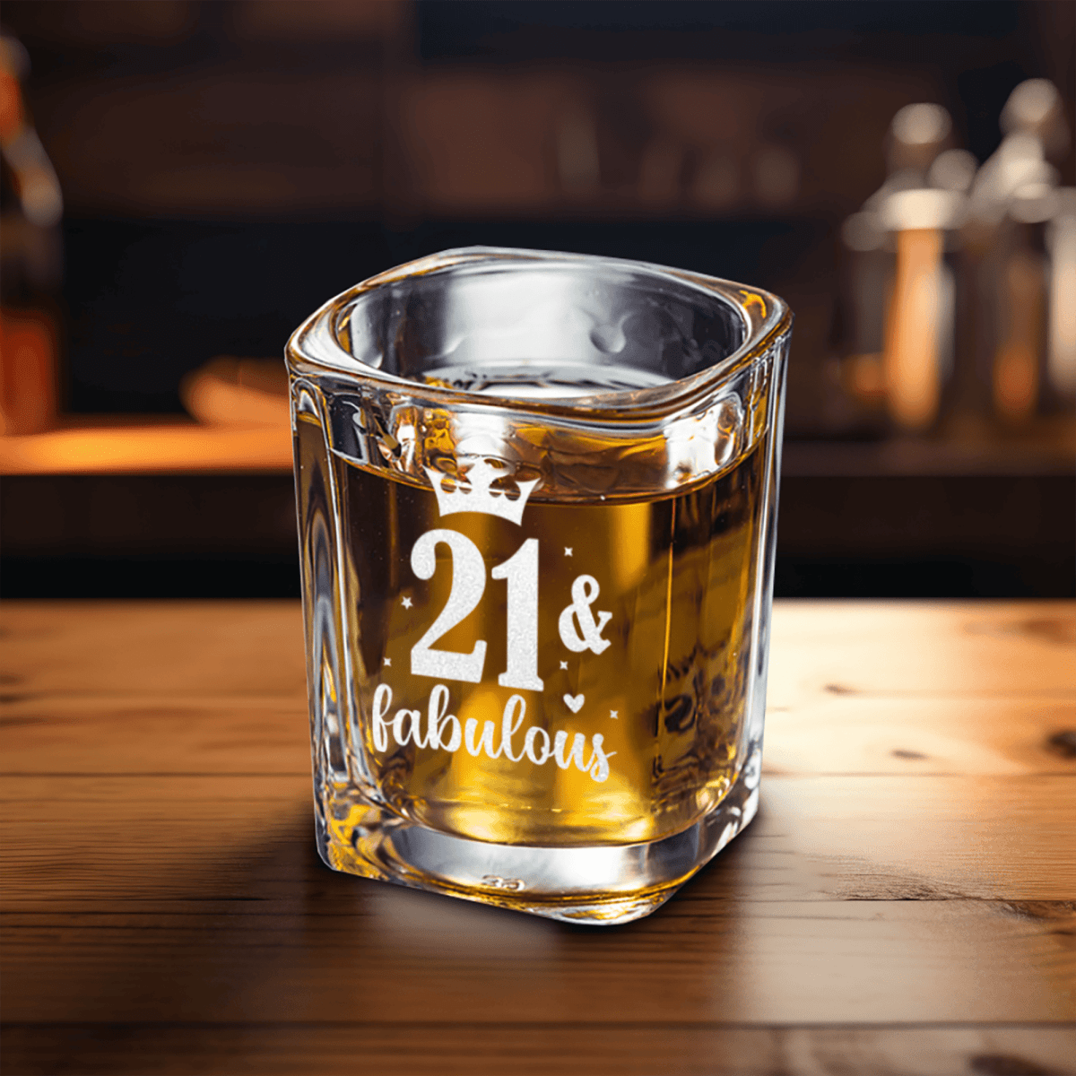 Unique Personalized Twenty One And Fabulous Crown Square Shotglass Customized Birthday Flasks Gifts for Men by Groovy Guy